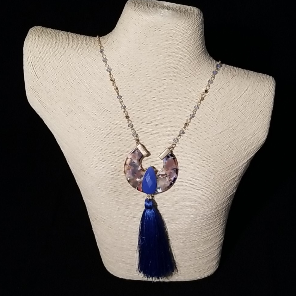 Faceted Stone Embellished Acetate With Tassel Trendy 28-inch Gold-Plated Chain